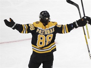 David Pastrňák (88) a Sean Kuraly oslavují bostonský gól.