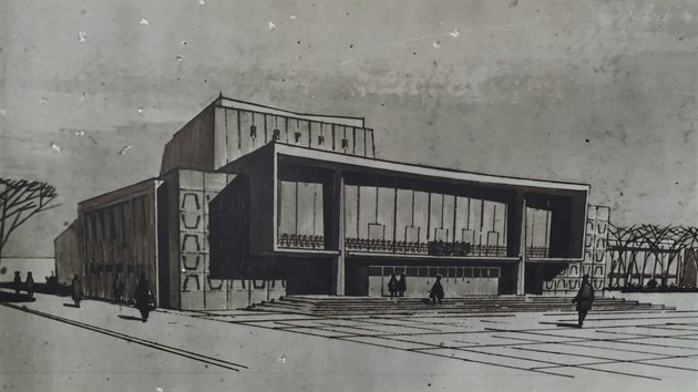 Takto vypadal nvrh na budovu divadla v Budjovicch v roce 1960. Autory jsou Bohumil K a Vladimr Syrovtka.