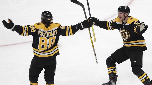 David Pastr��k (88) a Sean Kuraly oslavuj� bostonsk� g�l.