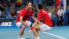 Srbové Viktor Troicki (vlevo) a Novak Djokovi slaví vítzství ve finále ATP...