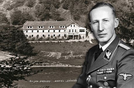 Potopený hotel Nad místem vrady se navdy zavely vody Slapské pehrady. Vpravo nacista a éf stranické výzvdné tajné sluby Reinhard Heydrich.