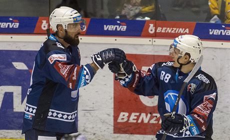 Milan Gula (vlevo) a Petr Kodtek z Plzn se raduj z glu.