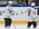 Tomáš Hertl a Anže Kopitar slaví gól při Utkání hvězd NHL.