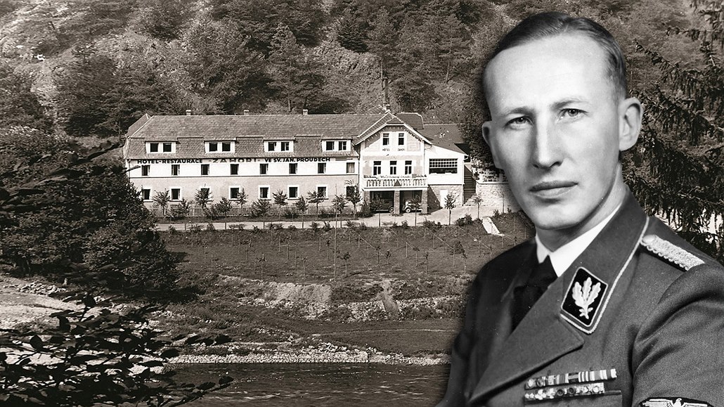Potopený hotel Nad místem vraždy se navždy zavřely vody Slapské přehrady. Vpravo nacista a šéf stranické výzvědné tajné služby Reinhard Heydrich.