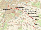 Mapa trati 221 mezi Prahou hl. n. a Stranicemi