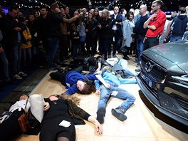 Vystoupení aktivist ze skupiny Extinction Rebellion na Motor Show v Bruselu....