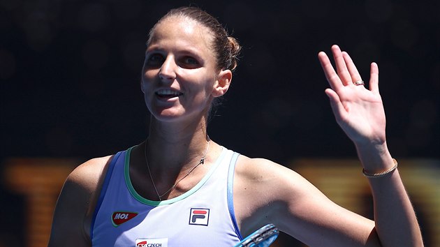 Česká tenistka Karolína Plíšková se raduje z vítězství v prvním kole Australian Open.
