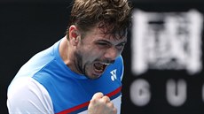 výcar Stan Wawrinka se raduje bhem osmifinále Australian Open.