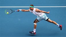Ameri�an Tennys Sandgren se natahuje po balonu b�hem �tvrtfinále Australian...