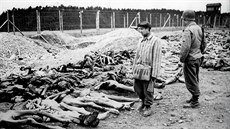 Americký voják s jedním z p�e�iv�ích prohlí�ejí krátce po osvobození t�la ob�tí...