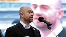 Sociolog Petr Hampl za Blok proti islámu. Vystoupení na brnnské demonstraci na...