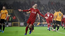 Virgil van Dijk slaví gól Liverpoolu v utkání proti Wolverhamptonu.