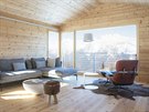 Obývací pokoj s minimalistickým vybavením dává vyniknout zejména výhledm do...