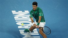 Srb Novak Djokovi odehrává balon bhem semifinále Australian Open.