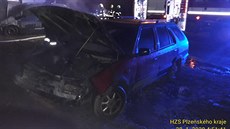 Plameny zniily dv osobní vozidla ve Velkém Boru nedaleko Horaovic. Za...
