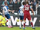 Fotbalisté West Hamu stílejí druhý gól do sít Brightonu.