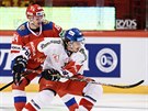 ech Libor ulák a Rus Pavel Kudrjavcev v souboji v utkání védských hokejových...