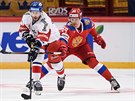 ech Luká Klok a Rus Nikita Ljamkin v utkání védských hokejových her.