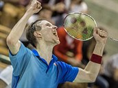 Plzeňský badmintonista Jan Louda slaví vítězství ve finálovém utkání...