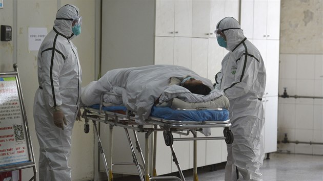 Zamstnanci nemocnice pebraj nakaenho koronavirem v nskm mst Fuyang. (1. nora 2020)