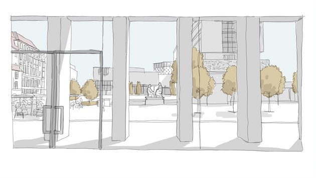Pohled z budoucí Janáčkova kulturního centra na náměstíčko, které by mohlo nést jméno po Ludvíkovi Kunderovi.