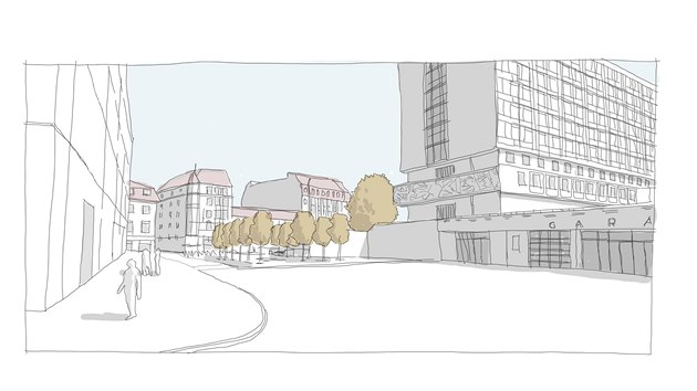 Pohled od Besedního domu na náměstíčko, které by mohlo nést jméno po Ludvíku Kunderovi. Vpravo je hotel International, vlevo budoucí Janáčkovo kulturní centrum.
