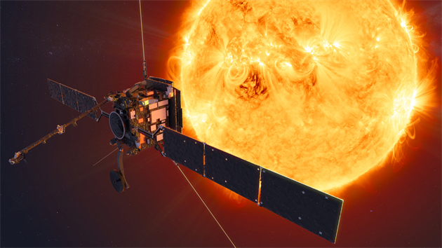 Ilustrace sondy Solar Orbiter přibližující se ke Slunci.