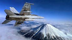 LETOUN. Super Hornet p�elétá nad Fud�i, nejvy��í horou Japonska.