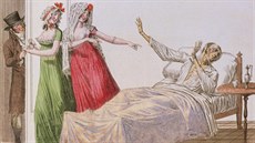 Ilustrace z devatenáctého století znázorňuje nemocného muže trpícího syfilisem