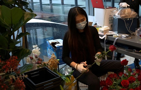 Květinářka Zhen Zhen chráněna rouškou pracuje na objednávce růží na svátek sv....