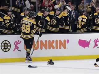 David Pastrňák si užívá ovace fanoušků i gratulace od spoluhráčů z Bostonu....