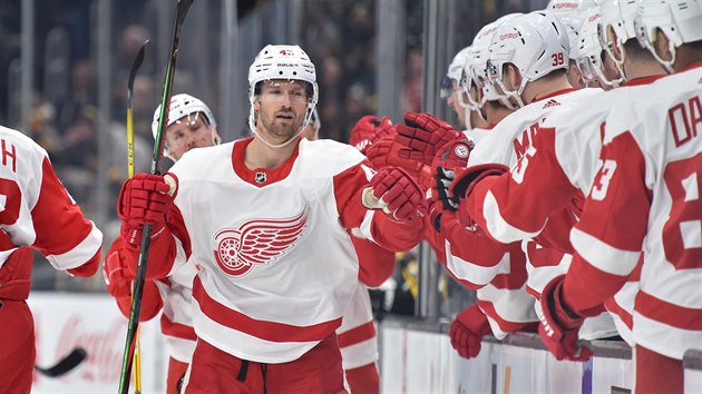 Darren Helm z Detroitu slav� se spoluhr��i vst�elen� g�l proti Bostonu.