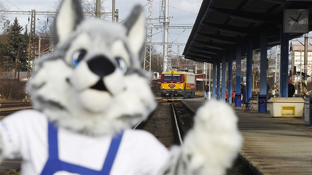 Nov elektrick lokomotivy v barvch Dukly Jihlava se na jihlavskm ndra nemohl dokat ani maskot strategickho partnera mstnho prvoligovho hokejovho klubu, spolenosti CZ LOKO, husky Effk.