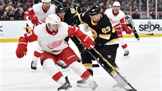 Brad Marchand z Bostonu (vpravo) se snaí projít pes Alexe Biegu z Detroitu.