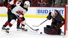 Miles Wood z New Jersey zkou�í p�ekonat Petra Mrázka v brance Caroliny.