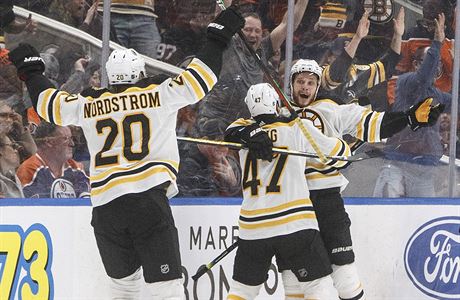 Joakim Nordström (20), Torey Krug (47) a David Pastrák (88) slaví vítzný gól...