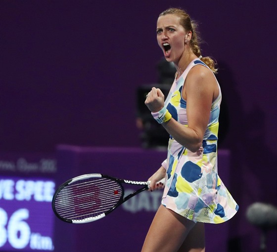 Petra Kvitová se raduje v semifinále turnaje v Dauhá.