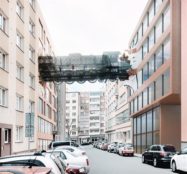 Vizualizace mostu mezi domy v Lihovarské ulici v Praze.