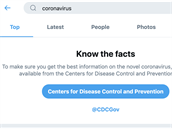 Twitter při vyhledávání slova "coronavirus" nabízí v USA odkaz na tamní Ústav...