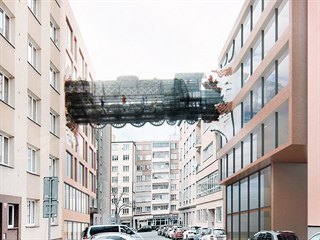 Vizualizace mostu mezi domy v Lihovarské ulici v Praze.