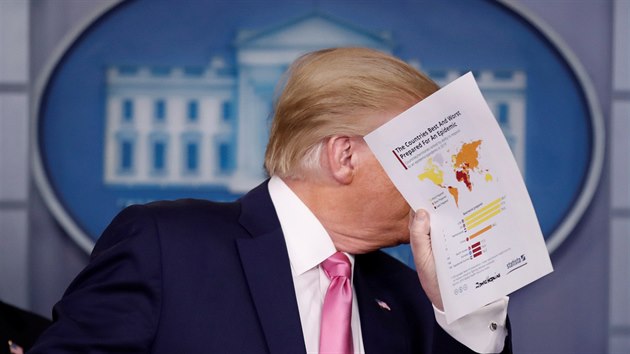 Americk prezident Donald Trump ukazuje papr se zemmi, kter jsou nejlpe pipraven na zvldnut pandemie. Na tiskov konferenci prohlsil, e USA el jen velmi malmu riziku epidemie koronaviru. (26. nora 2020)