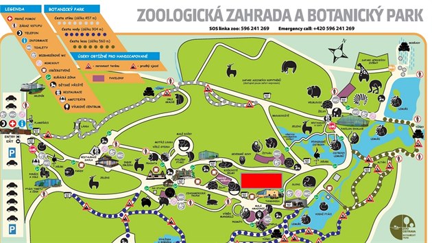 Červený obdélník v mapě ZOO Ostrava ukazuje lokalitu, kde nové pavilony pro makaky, gibony a jelínky budou stát.