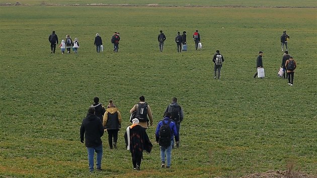 Skupina migrant prochz turecko-eckou hranic pobl msta Edirne v Turecku. (28. nora 2020)