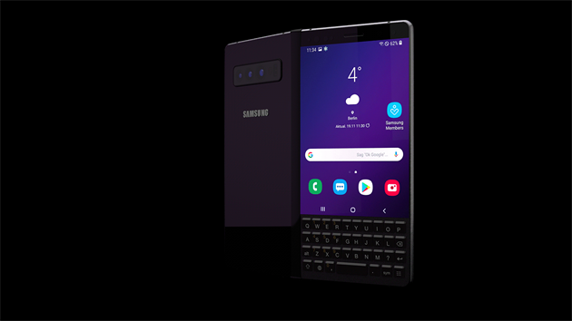 Koncept skldacho Samsungu Galaxy Fold s fyzickou qwerty klvesnic a dotykovm perem S Pen