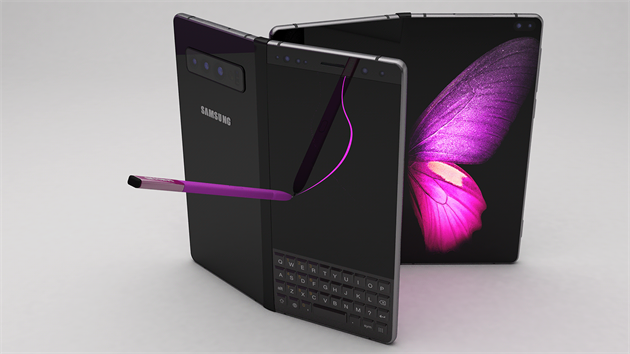 Koncept skldacho Samsungu Galaxy Fold s fyzickou qwerty klvesnic a dotykovm perem S Pen