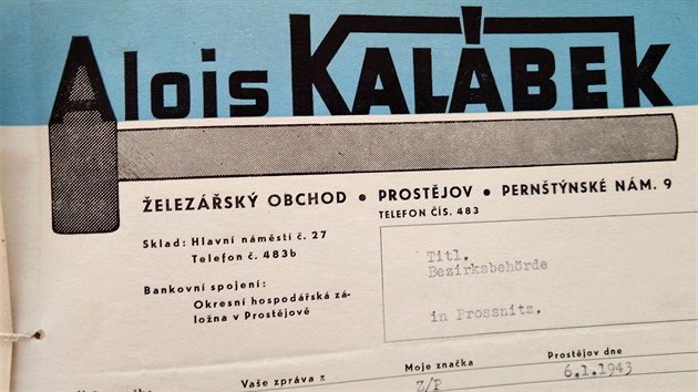 Dokument z obchodu Aloise Kalbka z Prostjova. Doplatil na to, e ml ped norem 1948 ivnost. Komunist jej bezdvodn uvznili, jeho enu vyhnali z bytu. Kalbek krtce nato zemel v ali pot, co jej brutln zbil dozorce.