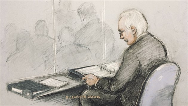 Zakladatel serveru WikiLeaks Julian Assange na kresb ze soudnho jednn v Londn, kde se rozhoduje o jeho vydn do USA. (24. nora 2020)