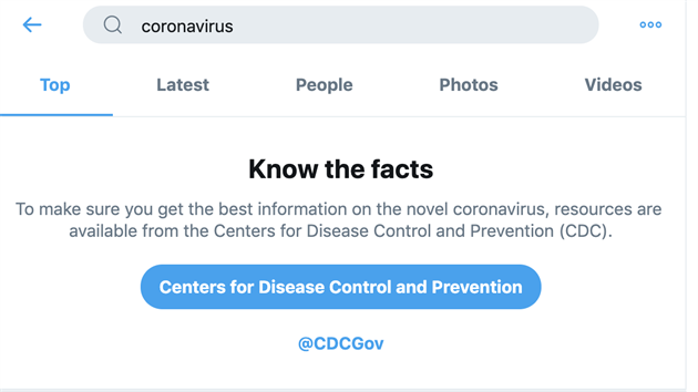 Twitter při vyhledávání slova coronavirus nabízí v USA odkaz na tamní Ústav národního zdraví (CDC)