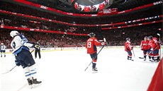 Hokejisté Washingtonu oslavují gól Jakuba Vrány proti Winnipegu.