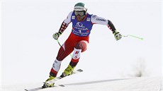 Rakouský lya Vincent Kriechmayr na trati super-G v Hinterstoderu.